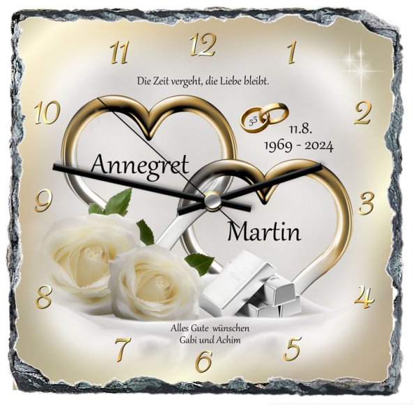 Überraschen Sie das Jubelpaar mit einem Geschenk, das nicht nur funktional ist, sondern auch emotional berührt. Diese Schieferuhr ist das perfekte Andenken an 55 gemeinsame Jahre und ein täglicher Begleiter, der die wertvollen Momente in Erinnerung ruft.